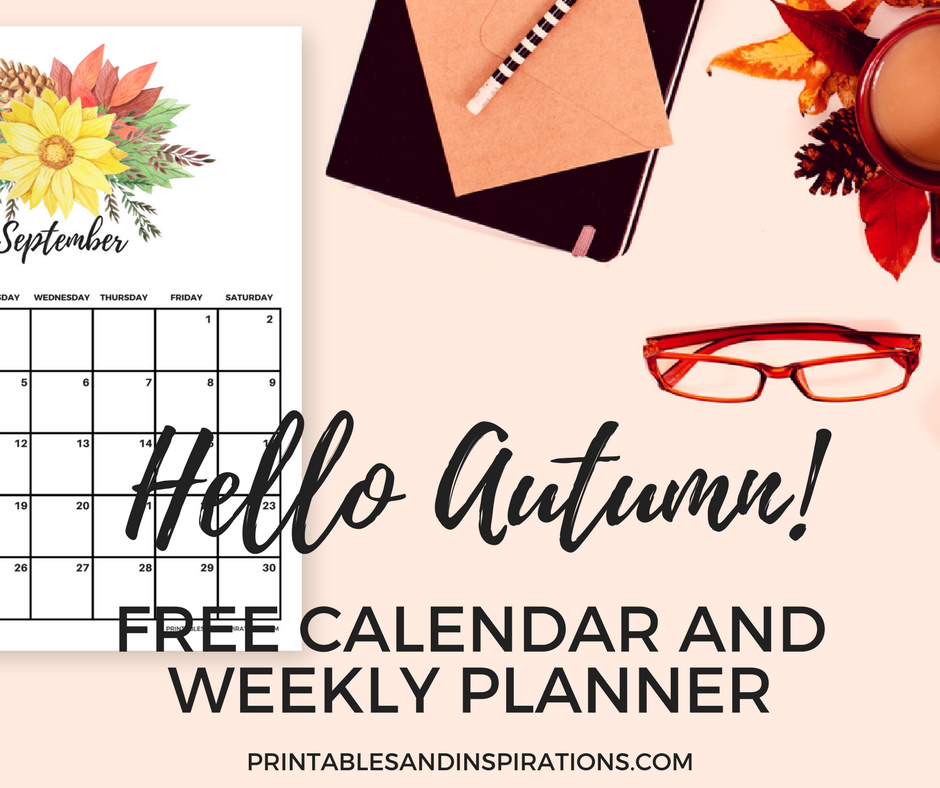 Free printable autumn calendar, weekly planner, monthly planner, blank calendar, watercolor