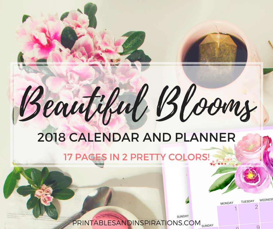 free printable floral calendar for 2018, 2018 calendar and planner printables, monthly planner and weekly planner, address book planner cover