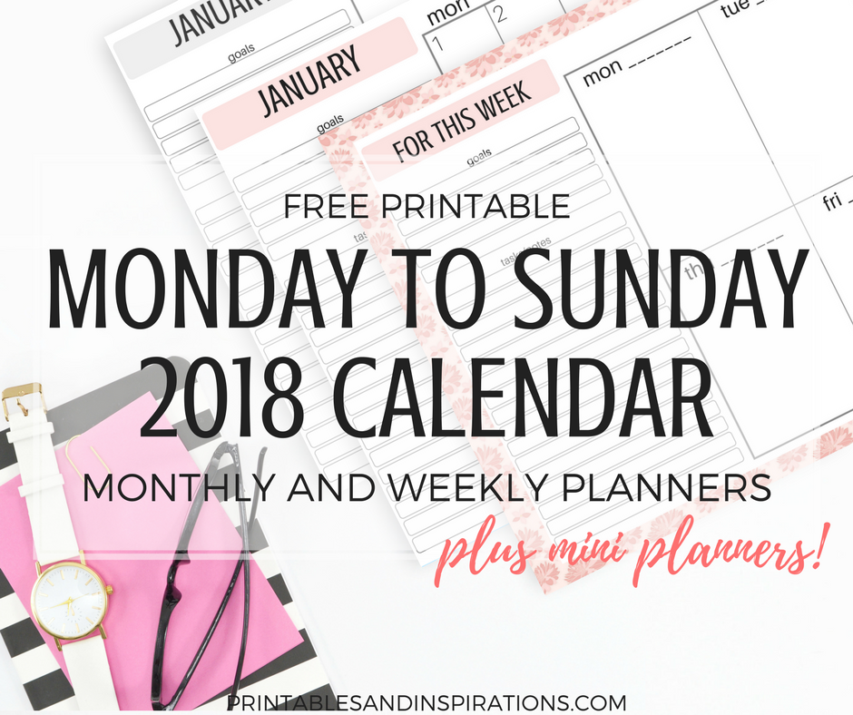 Monday calendar 2018, Monday start calendar 2018, Monday to Sunday calendar 2018, Monday to Sunday weekly planner, calendar week starting on Monday