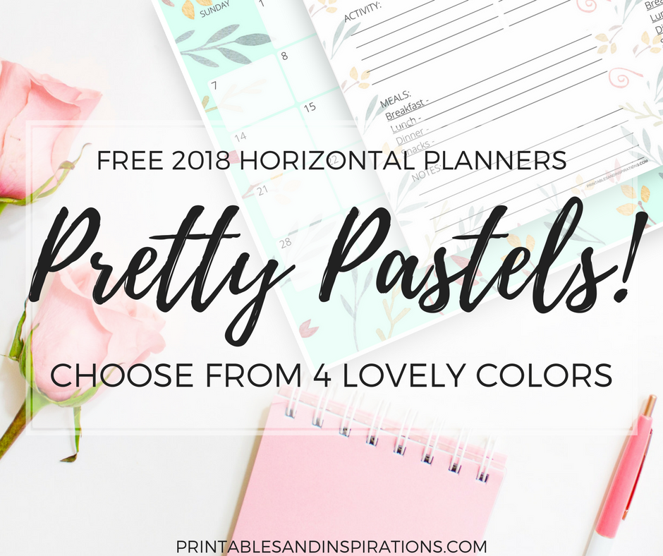 free printable 2018 calendar, horizontal planner, monthly planner, weekly planner, daily planner, notepad, 2018 planner printables in pastel colors, pastel calendar