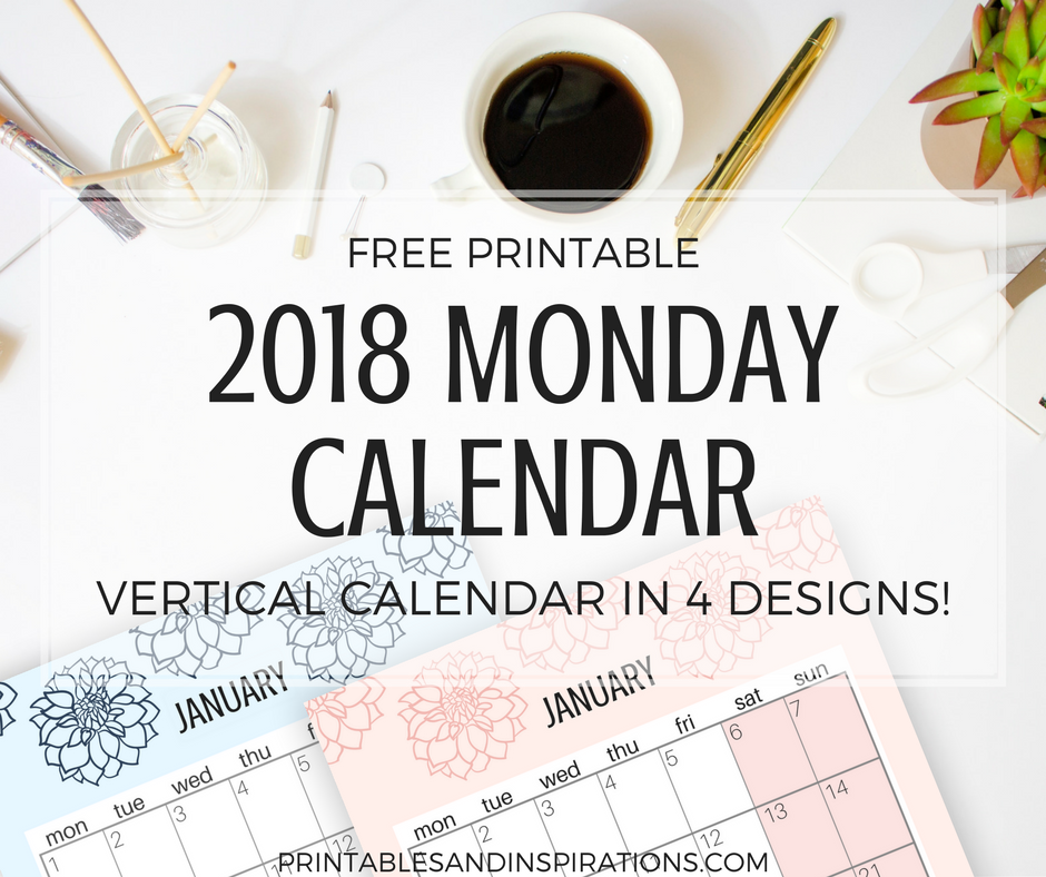 Vertical 2018 Monday calendar, Monday start calendar 2018, Monday to Sunday calendar 2018, calendar week starting on Monday