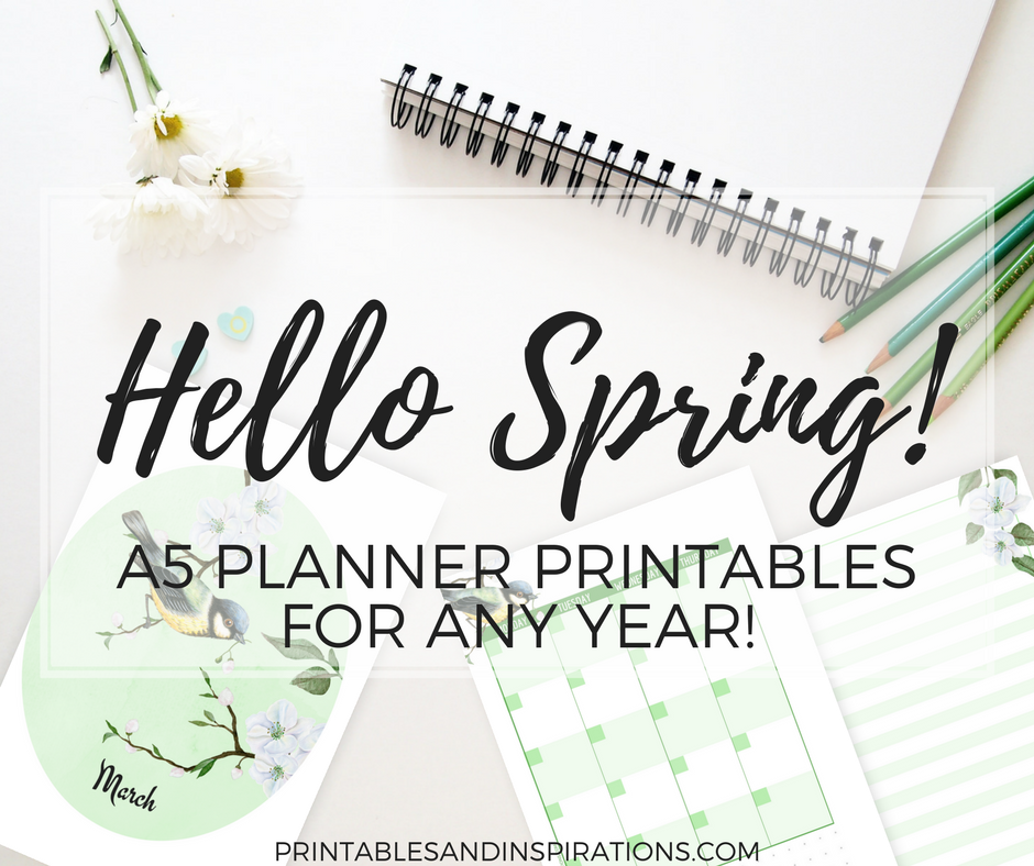 Free A5 planner printables, Free printable planner pages, half size planner, mini planner, weekly planner spread, monthly planner spread, monthly planner dividers, March bullet journal layout, printable bullet journal pages, spring design, to do list, expense tracker, monthly log