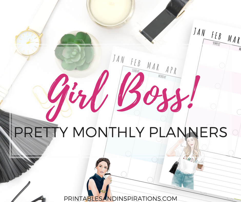 Girl Boss monthly planner, pretty monthly planner printables, girl boss calendar, monthly spread, free printable calendar, free printable planner with girl design