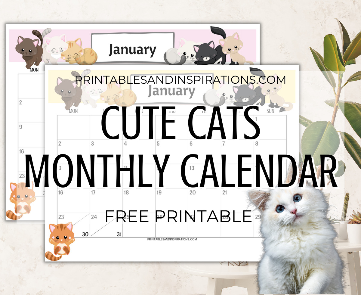 2024 Cute Cats Free Printable Monthly Calendar - monthly planner with cute cat designs and weekly planner #catlover #printablesandinspirations