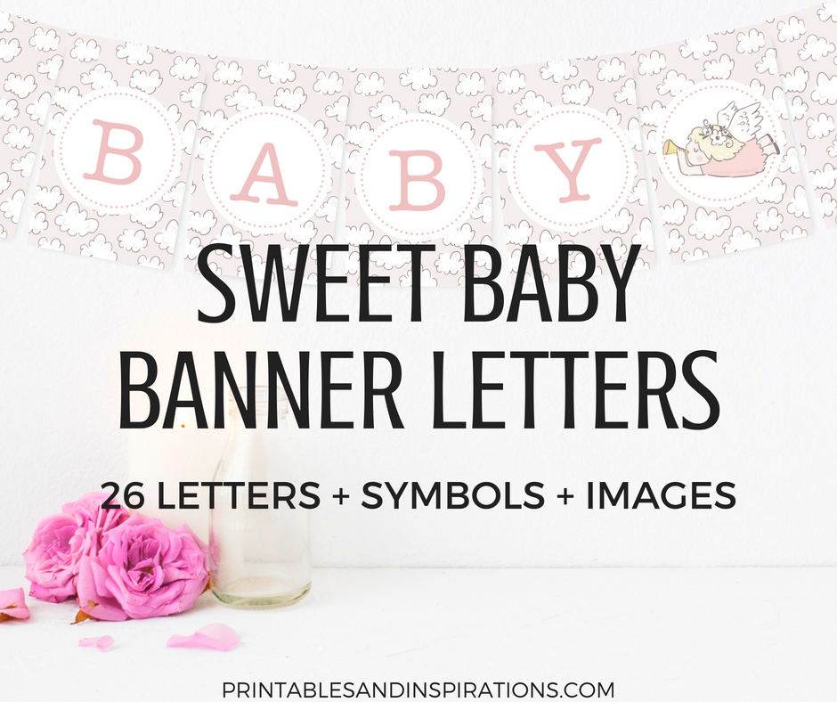 Baby shower banner printable letters with clouds background. Get your free printable baby shower decorations for a cute baby shower theme! #freeprintable #babyshower #printablebanner