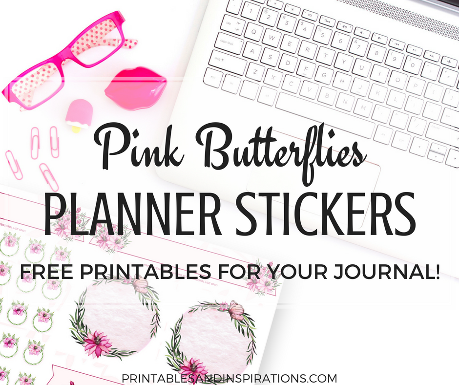 Get these free floral planner stickers with pink butterflies! Free printable planner stickers for your bullet journal. #bujoideas #plannerstickers #freeprintable