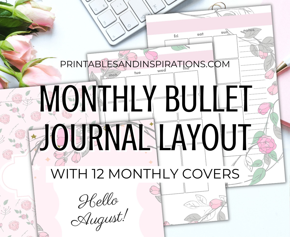 August bullet journal layout - Get your free printable planner in pretty pink floral design and use any month! #freeprintable #printableplanner #bulletjournal #bujomonthly