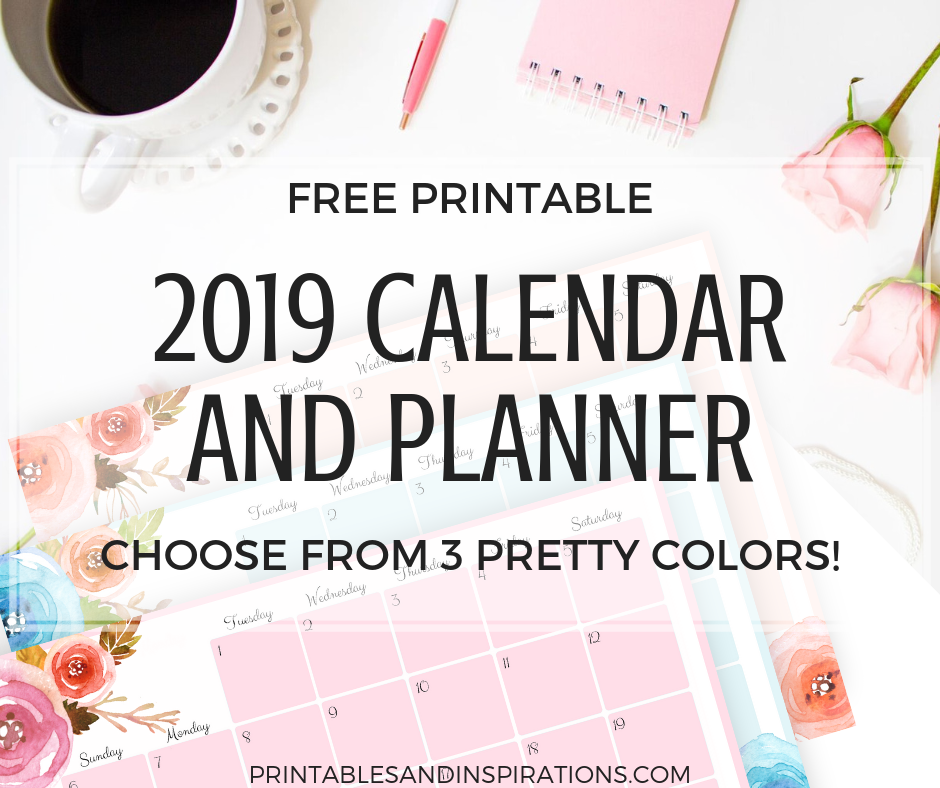 Free Printable 2019 Horizontal Calendar And Weekly Planner! A4 and A5 size monthly calendar in 3 floral designs. Get your free download now! #2019calendar #freeprintable #printableplanner #printablesandinspirations