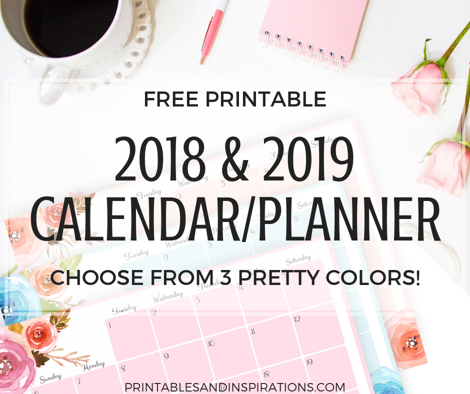 2018 calendar, free printables planner, 2018 horizontal calendar, monthly planner printables, monthly spread, Monday to Sunday weekly planner, floral design