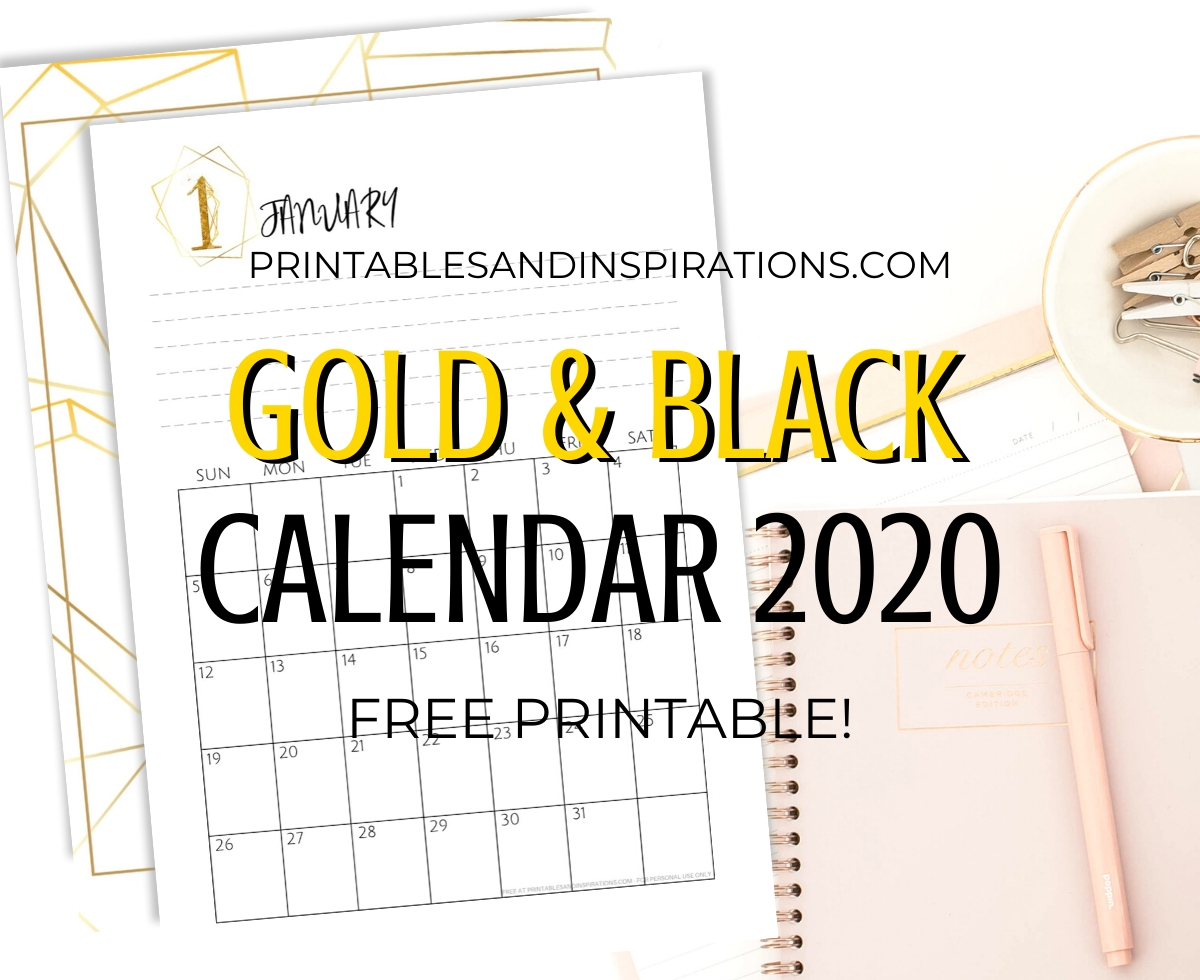 Free Printable 2020 Calendar PDF In Gold And Black - monthly calendar planner with space for monthly goals. Get your free download now! #freeprintable #printablesandinspirations #gold #2020