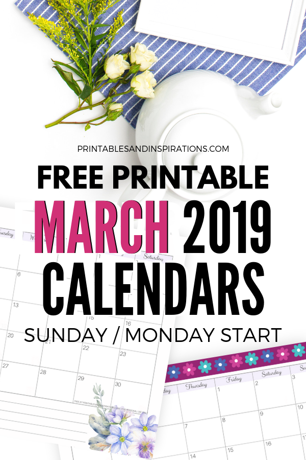 Free March 2019 Calendar Printable - get your March 2019 monthly planner, Sunday / Monday start calendars, and check out more 2019 calendars. #freeprintable #printablesandinspirations #printableplanner #organize