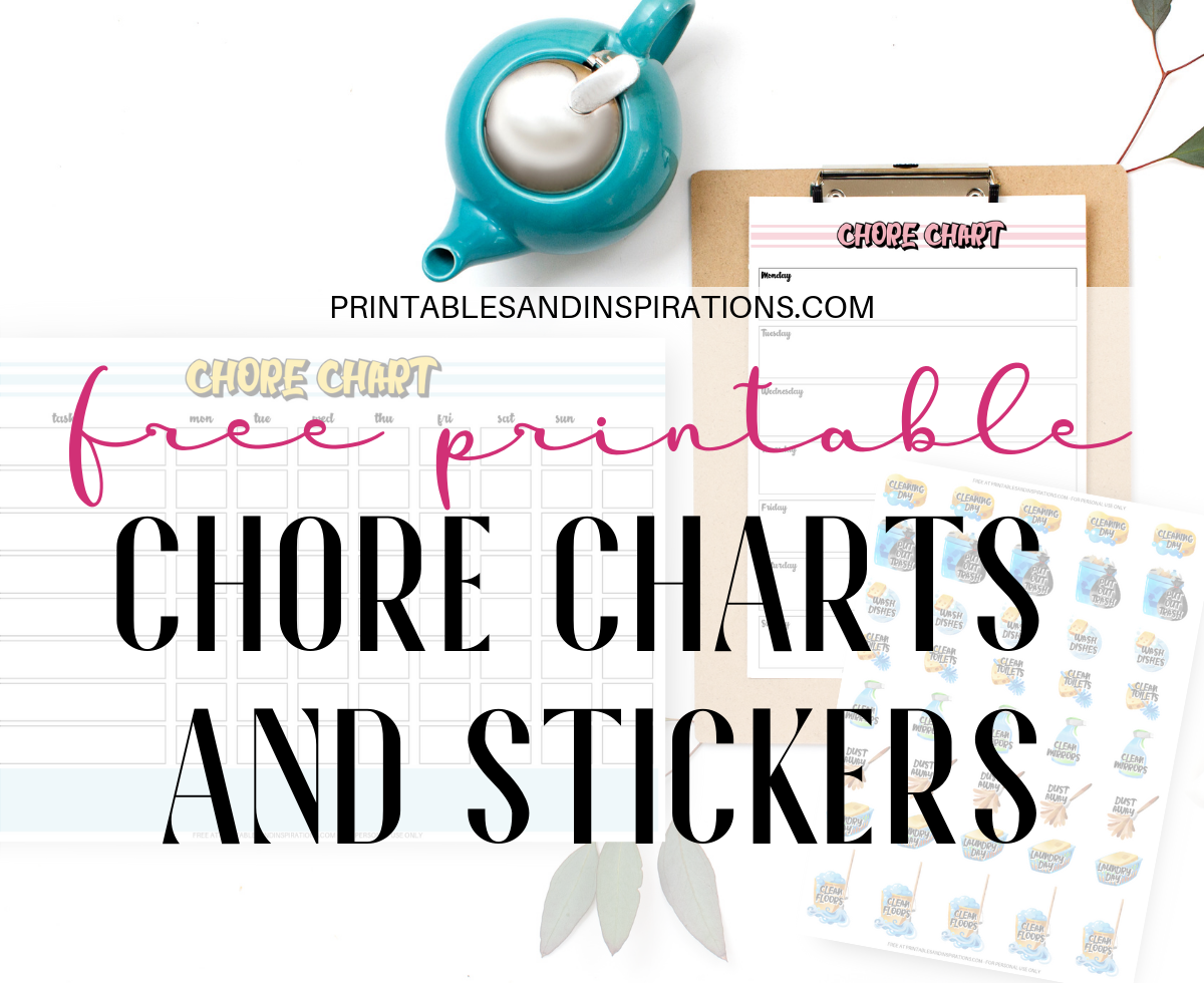 Free Printable Chore Charts And Chore Stickers - Free planner stickers for your bullet journal, for organizing and spring cleaning. Chore charts also for kids! #freeprintable #printablesandinspirations #plannerstickers #bulletjournal #organization #springcleaning #Konmari
