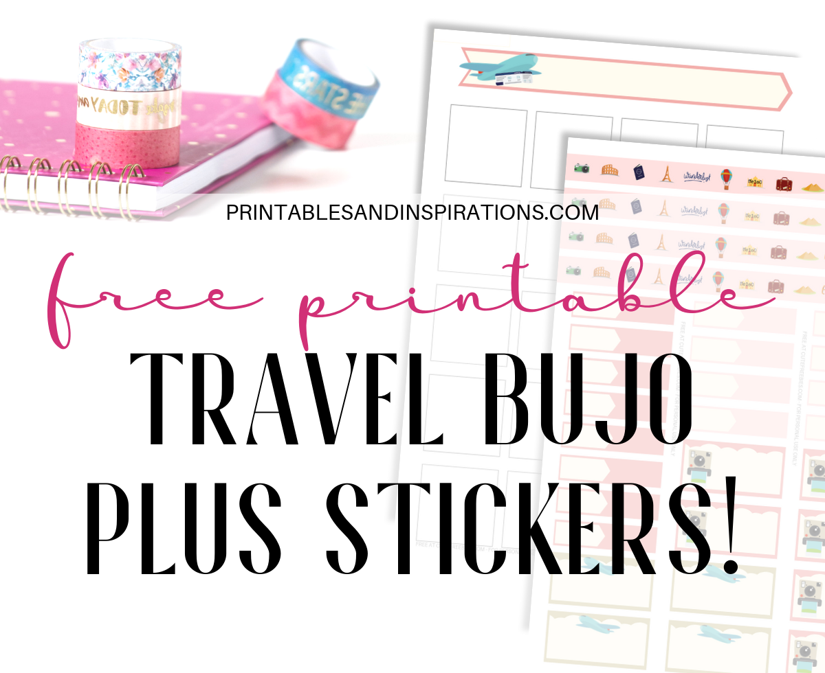 Free Travel Bullet Journal Printable Planner And Stickers! This bullet journal layout includes printable stickers, calendar spread, monthly title page, weekly spread and more. #bulletjournal #travel #wanderlust #bujomonthly #printablesandinspirations #freeprintable