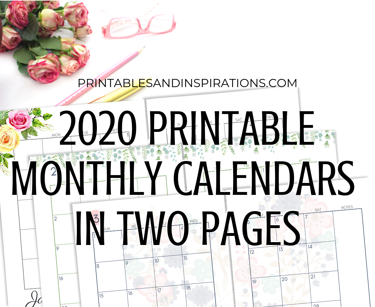 2020 Two Page Monthly Calendar Spread - free printable 2020 calendar planner in two pages, Sunday or Monday start calendar pdf, A4 binder inserts, A5 planner inserts. Get your free download now! #freeprintable #printablesandinspirations