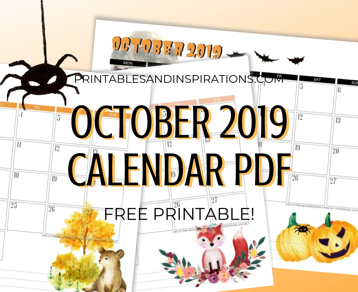 Free Printable October 2019 Calendar PDF - with beautiful flowers and autumn theme. Halloween theme included. Get your free download now! #freeprintable #printablesandinspirations #autumn #halloween #october