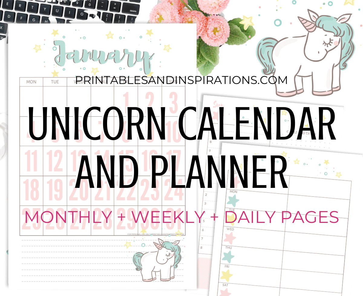 Free Printable Unicorn Calendar 2021 - monthly calendar with unicorn, unicorn planner pages #freeprintable #printablesandinspirations #unicorn