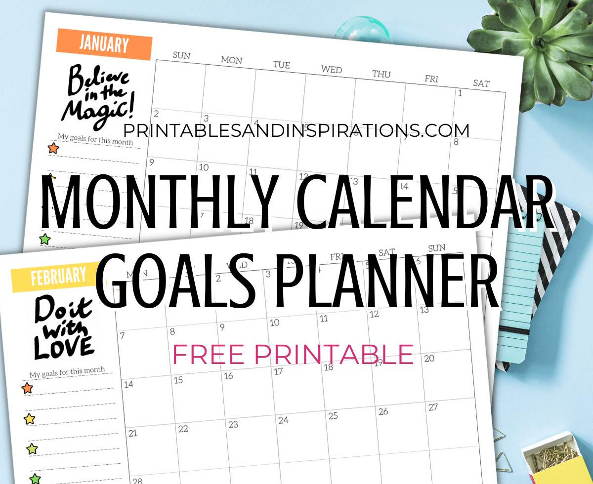 Free 2024 Monthly Planner Goals Calendar! Free printable 2024 monthly planner with space for monthly goals and tasks, plus motivational quotes. #freeprintable #printableplanner #printablesandinspirations #goalsetting #motivationalquotes
