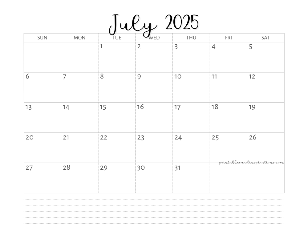 Free Printable 2025 Monthly Calendar Template PDF Printables and Inspirations