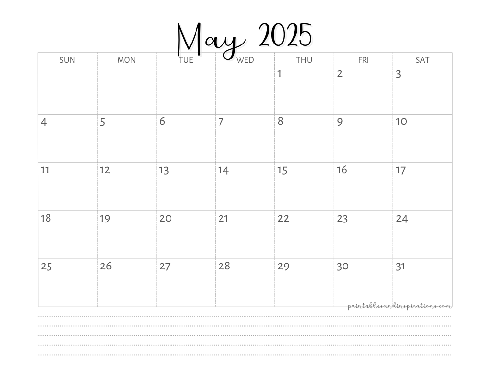 Free Printable 2025 Monthly Calendar Template PDF Printables and Inspirations