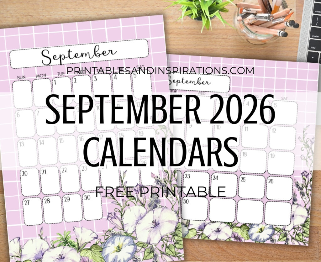 Floral SEPTEMBER 2026 calendar birth flower theme - free printable pdf morning glory calendar with September flowers #freeprintable #printablesandinspirations