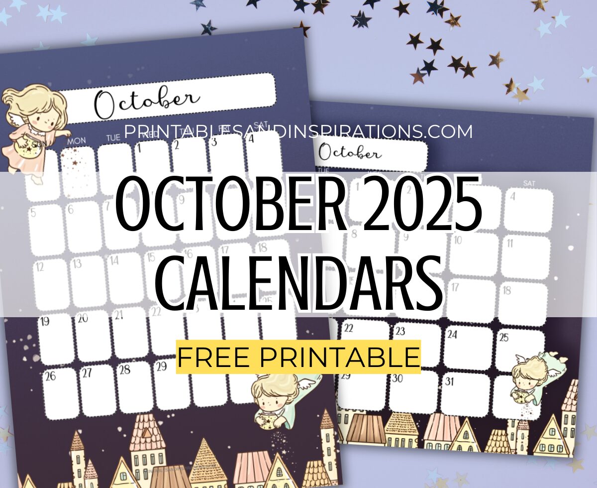 OCTOBER 2025 CALENDAR MONTHLY PLANNER SPREAD cute angel night theme - free printable PDF