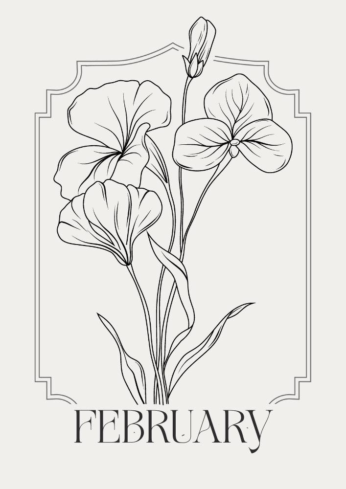Free printable February bullet journal PDF template with floral theme, coloring journal
