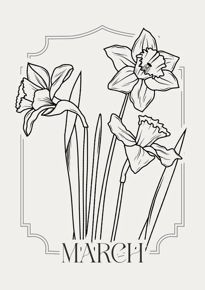 Free printable March bullet journal PDF template with floral theme, coloring journal