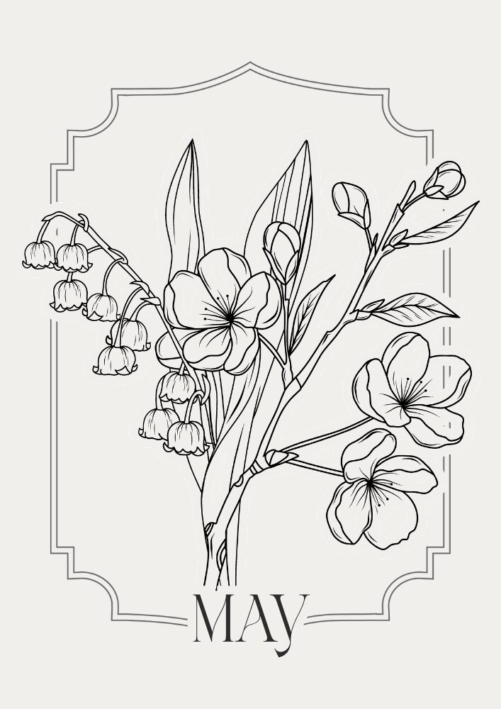 Free printable May bullet journal PDF template with floral theme, coloring journal