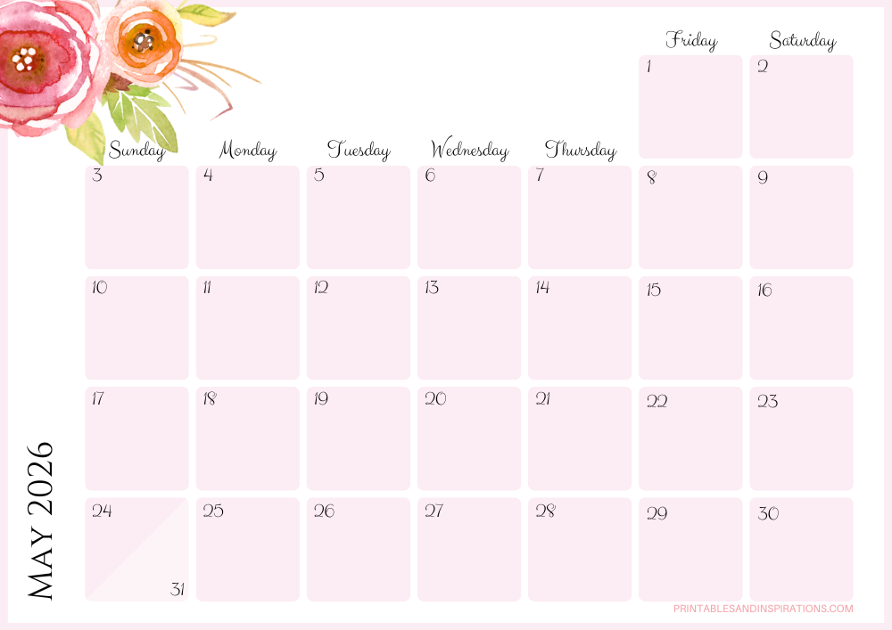 Pretty May 2026 Calendar Free Printable PDF - Printables and Inspirations