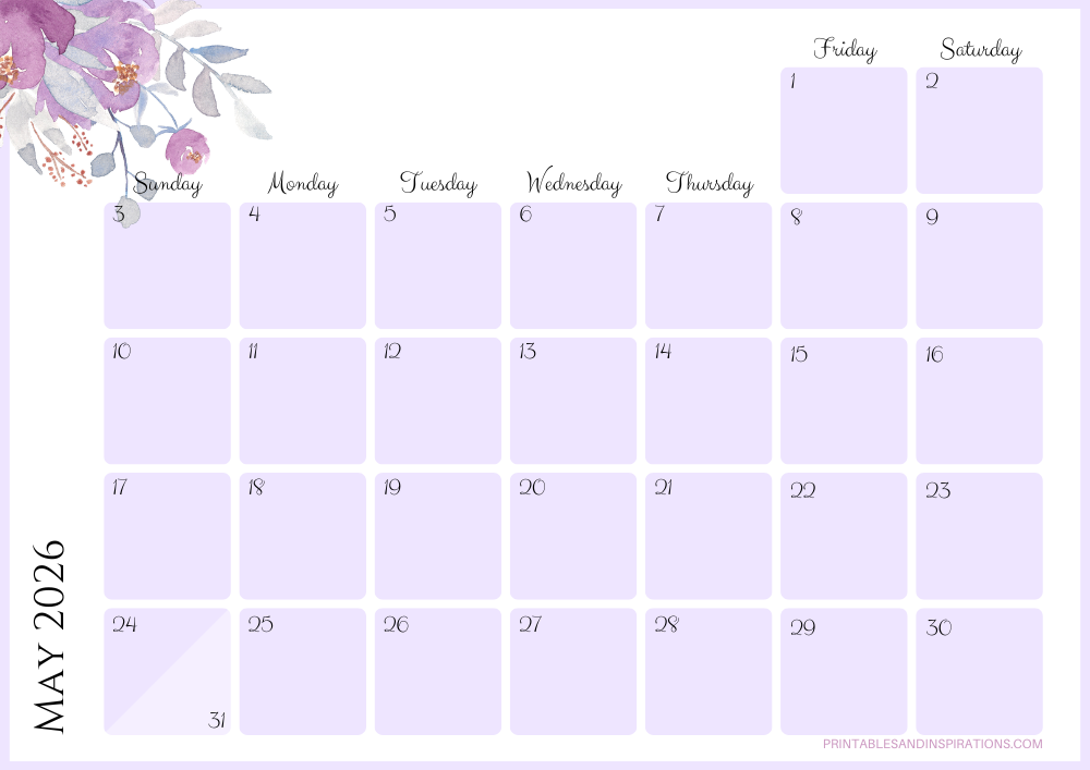 Pretty May 2026 Calendar Free Printable PDF - Printables and Inspirations